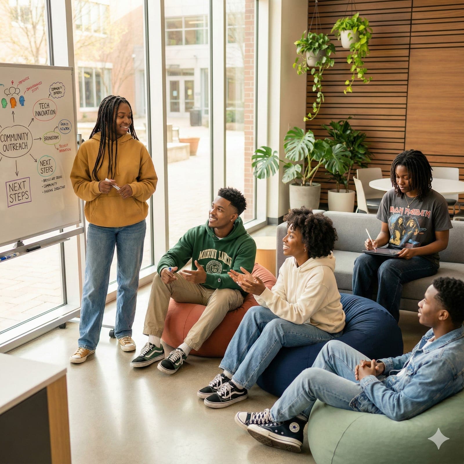 Students in study lounge planning session