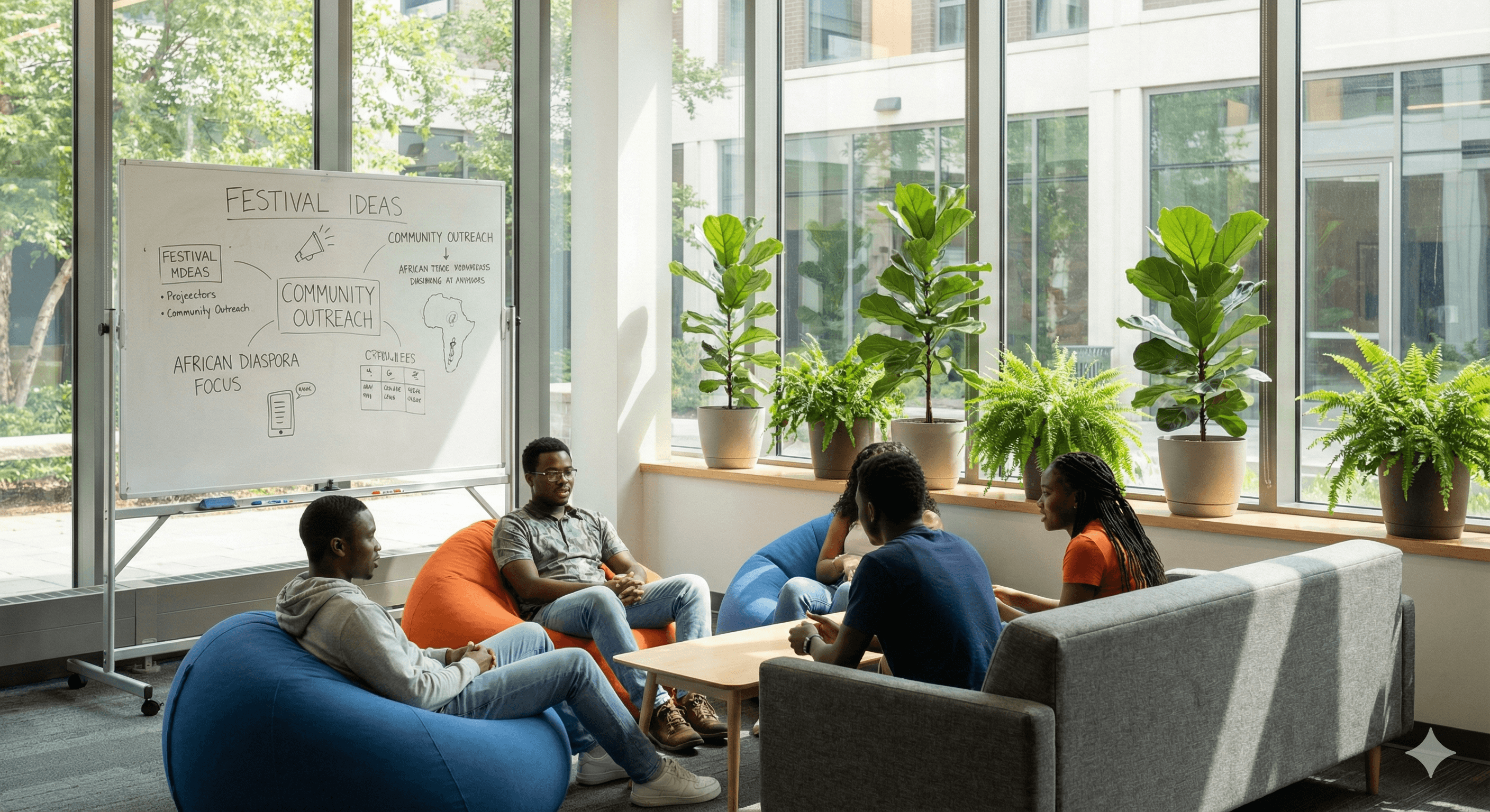 Students collaborating in campus lounge